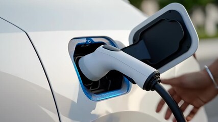 Close-up of a hand plugging an electric vehicle charger into a modern white car, symbolizing sustainable energy, green technology, and the future of clean transportation. - Powered by Adobe