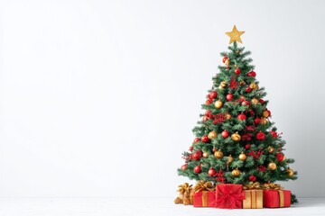Obraz premium A beautifully decorated Christmas tree adorned with red and gold ornaments and a golden star, set against a clean white background. Gifts are neatly arranged beneath the tree