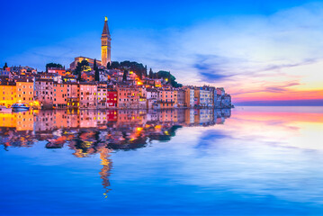 Rovinj, Croatia. Famous city of Istria Peninsula, Dalmatia coastline, blue hour colored sky....