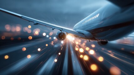 A dynamic 3D rendering captures the essence of flight, showcasing a close-up of an airplane soaring through a vibrant sky. Light streaks and bokeh create an ethereal atmosphere.