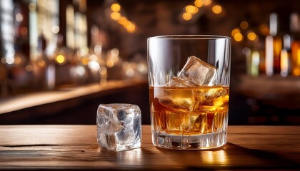 Glass Of Whiskey With Ice Cubes On Wooden Bar Counter