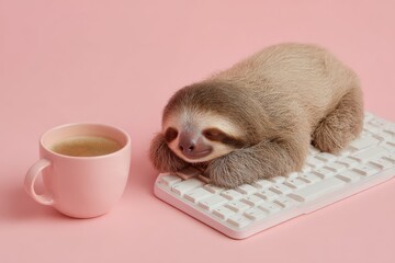 A adorable sloth peacefully sleeps on a keyboard, a cozy coffee cup beside it, all set against a soft pastel pink background, offering ample space for text.