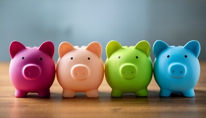 Row Of Four Multicolored Piggy Banks On Wooden Table Savings Financial Planning Tips And Household Budgeting Concept