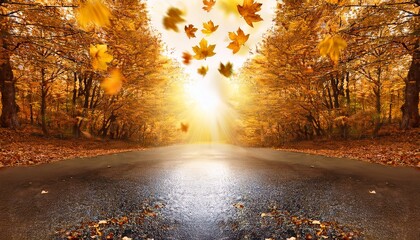 Fantasy Autumn Photo Background With Fall Golden Maple Leaves And Mysterious Glittering Road With Copy Space Fairytale Magical Nature Landscape With Dreamlike Meadow