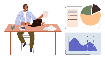 Man reviewing reports at work desk with laptop, charts, data. Ideal for business, analysis, planning, productivity, office work, decision-making simple flat metaphor