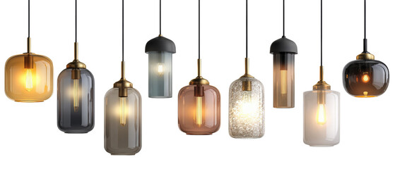 A collection of modern pendant lights featuring various shapes and colors, elegantly hanging from the ceiling against a minimalist background, creating a stylish ambiance for interior spaces