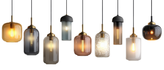 A collection of modern pendant lights featuring various shapes and colors, elegantly hanging from the ceiling against a minimalist background, creating a stylish ambiance for interior spaces