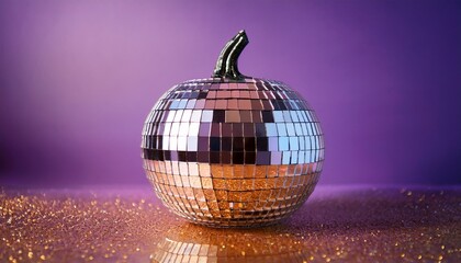 Halloween Disco Pumpkin With Reflections On Violet Background A Mirrored Disco Ball Pumpkin Sits On A Clean Violet Background Casting Bright Reflective Patterns Across The Surface