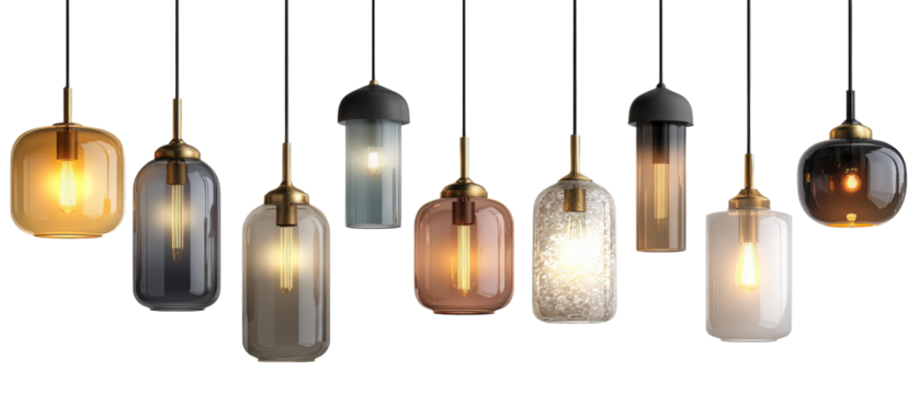 A collection of modern pendant lights featuring various shapes and colors, elegantly hanging from the ceiling against a minimalist background, creating a stylish ambiance for interior spaces