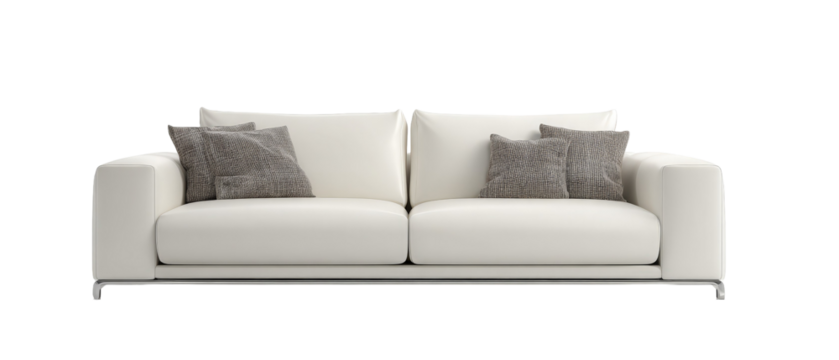 Modern white sofa with plush gray cushions, elegantly positioned in a minimalist living room, showcasing a serene ambiance with soft lighting and contemporary decor in the background