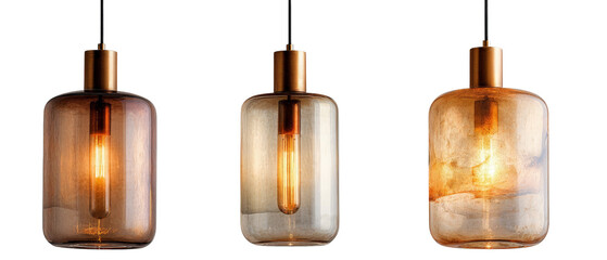 A stylish arrangement of three modern pendant lights showcasing unique glass designs and warm lighting, ideal for contemporary interior decor in a cozy dining space