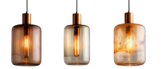 A stylish arrangement of three modern pendant lights showcasing unique glass designs and warm lighting, ideal for contemporary interior decor in a cozy dining space