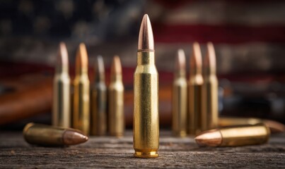 Obraz premium A golden rifle bullet stands proudly on an aged wooden table, accompanied by an array of bullets in different sizes and shapes. The American flag softly drapes in the background