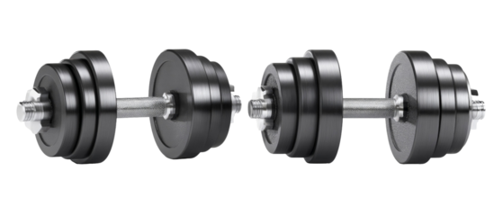 A pair of heavy black dumbbells positioned side by side on a clean, white background, showcasing their sleek design for fitness enthusiasts and gym-goers looking to enhance strength training routines