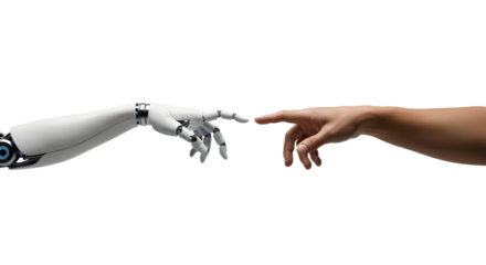 Robot and human hands about to touch, a modern Creation of Adam concept. Isolated on transparent background, png