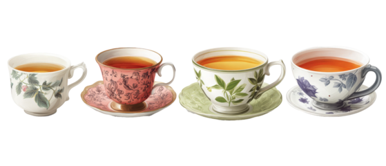 A collection of four elegant tea cups with intricate designs, each filled with steaming tea, arranged on matching saucers, showcasing a cozy afternoon tea setting