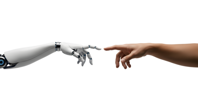 Robot and human hands about to touch, a modern Creation of Adam concept. Isolated on transparent background, png