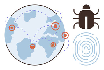 Fototapeta premium Bug beside globe with network paths and fingerprint highlighting cybersecurity threats. Ideal for technology, hacking, data protection, digital forensics, global security, internet safety, simple