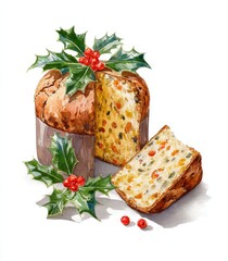 A beautifully illustrated panettone, adorned with holly, captures the essence of Italian Christmas traditions. This vibrant watercolor design adds a festive touch to any holiday project.