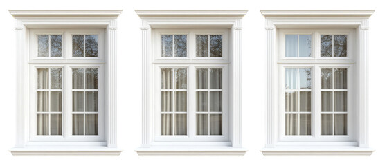 Obraz premium Three elegant white windows showcasing a classic design, framed by soft natural light, with reflections of trees in the background, perfect for architectural or home improvement use