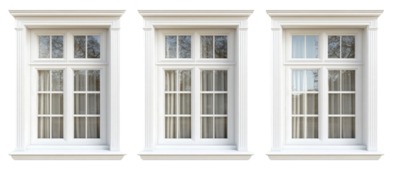 Three elegant white windows showcasing a classic design, framed by soft natural light, with reflections of trees in the background, perfect for architectural or home improvement use