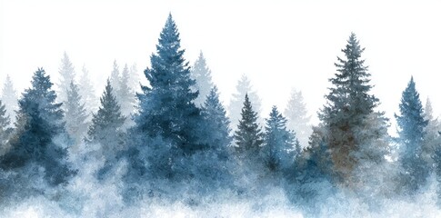 Fototapeta premium A serene winter forest depicted in blue and gray watercolor, evoking a tranquil and frosty atmosphere. Perfect for decorative use, wallpaper, or design accents on a clean background.