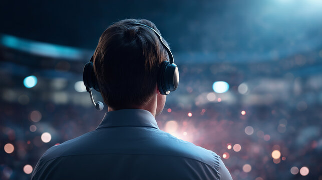 Faceless motivational speaker with headset performing on stage back view professional presentation conference talk business seminar inspirational speech with copy space