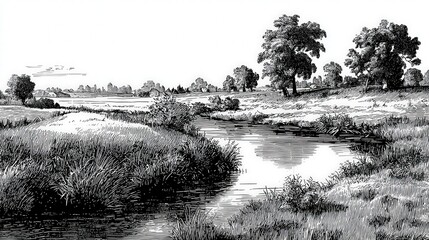 A tranquil rural scene with a winding river snaking through a lush meadow.  Hand-drawn in vintage black ink, this illustration evokes a sense of peace and natural beauty.