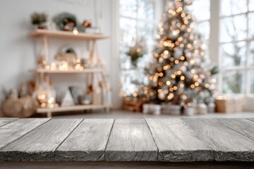 An empty wooden tabletop set against a softly blurred living room, beautifully decorated for Christmas, creating a warm and inviting holiday atmosphere perfect for showcasing seasonal joy.