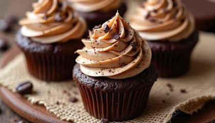 Chocolate cupcakes topped with mocha cream swirl. Dessert treats decorated with chocolate chips. Tasty muffins in paper cups on table. Delicious bakery concept
