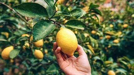 Hand picking fresh lemon from a citrus tree