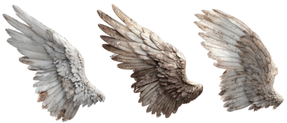 Three distinct pairs of angelic wings showcasing varying textures and colors, set against a transparent background, ideal for fantasy art, illustrations, or creative projects