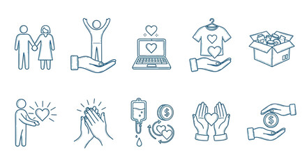 Fototapeta na wymiar Collection of icons representing charity, donation, and kindness, conveying messages of support and giving