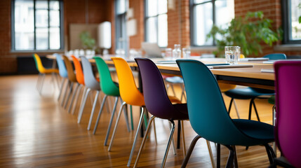 Colorful conference room interior vibrant meeting space modern seminar venue creative business environment contemporary design professional setting with copy space