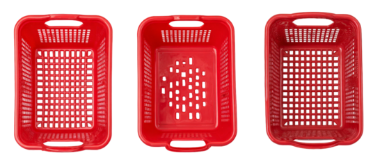 Three red plastic baskets of varying designs, showcasing different perforation patterns, placed against a clean background, ideal for kitchen or storage use