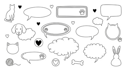 Collection of Hand-Drawn Speech Bubbles and Cute Pet Icons, Perfect for Creative Projects