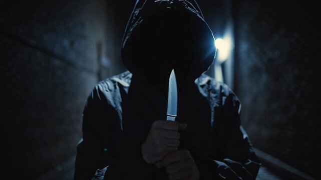 4k video of a criminal with a knife in an alley.