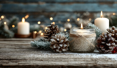 Christmas background with wooden decorations and candles. Free space for text.