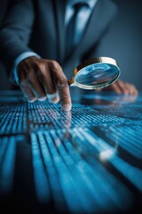 A businessman scrutinizes data on a digital screen with a magnifying glass, symbolizing the intersection of technology and finance in today's business landscape.
