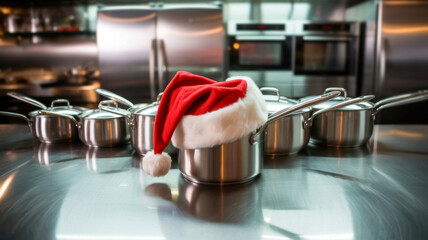 Stainless steel pot with Santa hat on kitchen countertop for holiday cooking, Christmas and New Year concept