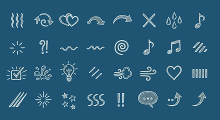 Fototapeta premium Ultra graphic collection of hand-drawn chalk doodle icons, featuring weather, love, and various abstract symbols for design