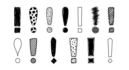 Hand-drawn exclamation mark collection. Set of various sketch and doodle style punctuation symbols with patterns, isolated graphic design elements