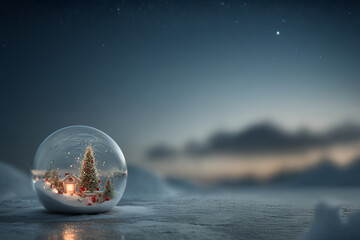 boule de neige contenant un sapin de noël illuminé et une maison miniature sur fond hivernal bleu avec ciel étoilé et espace négatif copyspace pour noël et fêtes de fin d’année