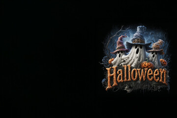 "Halloween" texte en anglais avec fant&ocirc;mes chapeaut&eacute;s et citrouilles lumineuses sur fond noir, ambiance sombre et festive avec espace n&eacute;gatif copyspace pour Halloween 31 octobre