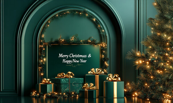 Cadeaux de Noël verts avec ruban doré bolduc devant une cheminée décorée de guirlandes et d’un sapin éclairé texte en anglais "Merry Christmas & Happy New Year", Noël Saint-Sylvestre et Nouvel An      - Powered by Adobe
