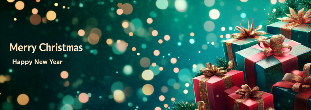 Cadeaux avec rubans bolduc, fond vert scintillant effet bokeh, texte en anglais "Merry Christmas Happy New Year", No&euml;l, Saint-Sylvestre et Nouvel An