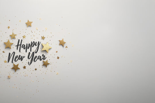 "Happy New Year" texte en anglais avec &eacute;toiles dor&eacute;es dispers&eacute;es  minimaliste et espace n&eacute;gatif copyspace pour nouvel an et f&ecirc;te de la Saint-Sylvestre