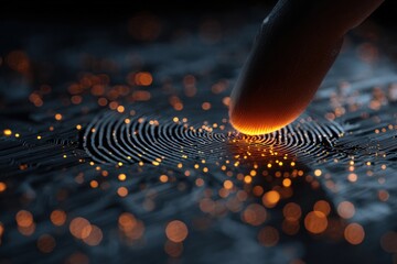 A human fingerprint seamlessly connects with a glowing computer chip, illustrating the fusion of digital identity and technology. The detailed hand texture contrasts with a vibrant circuit background.