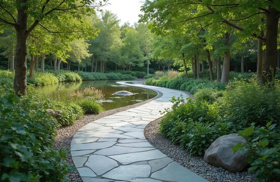 Winding stone pathway borders calm pond with lush green trees and plants. Empty park landscape offers serene walking route. Nature outdoor scene with water and foliage.