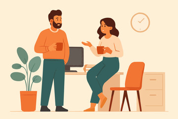 Flat vector of coworkers chatting during coffee break, relaxed and friendly office vibe